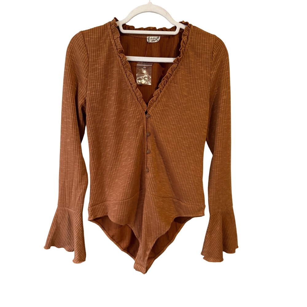Free People Burnt Orange Ribbed Long Sleeve Bodysuit